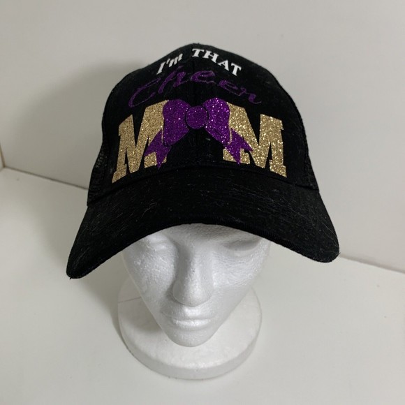 I'm that Cheer Mom Glitter Black Trucker Adjustable Strap Back Ponytail Hat Cap - Picture 2 of 11